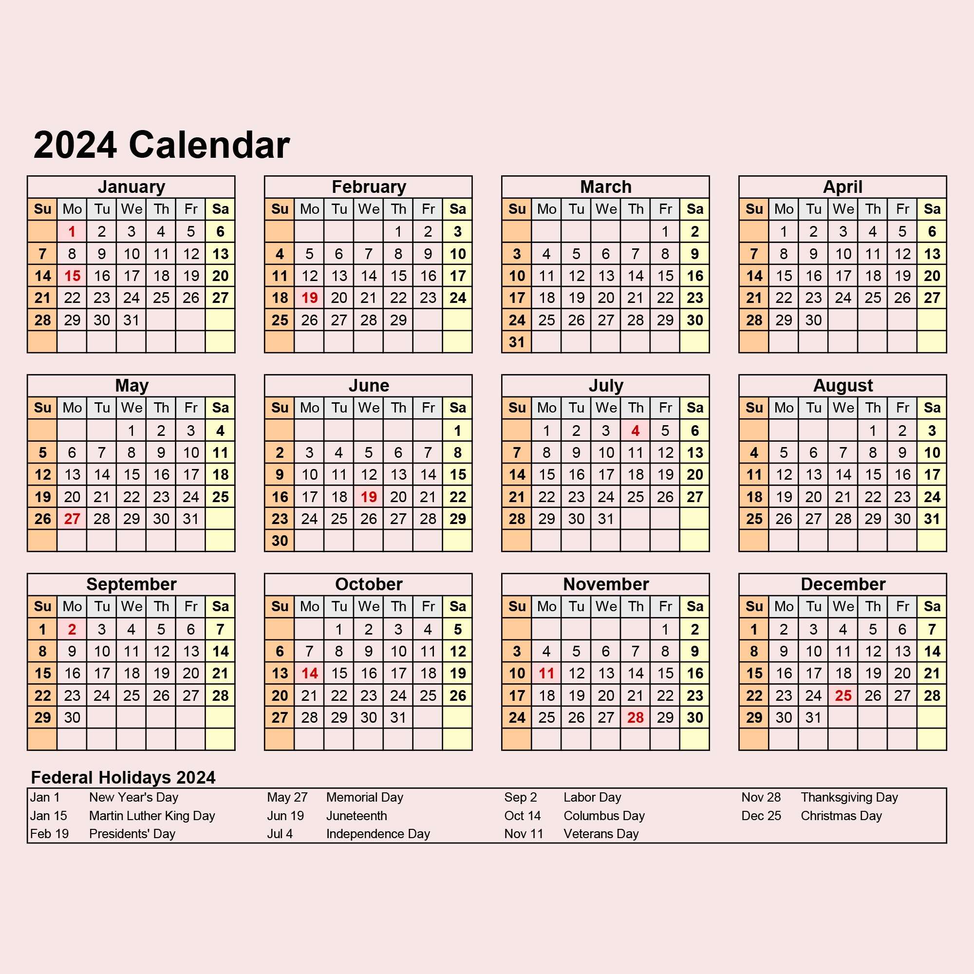 2025-2026 Calendar Lanscape Year At a Glance Color Printable Linear Excel