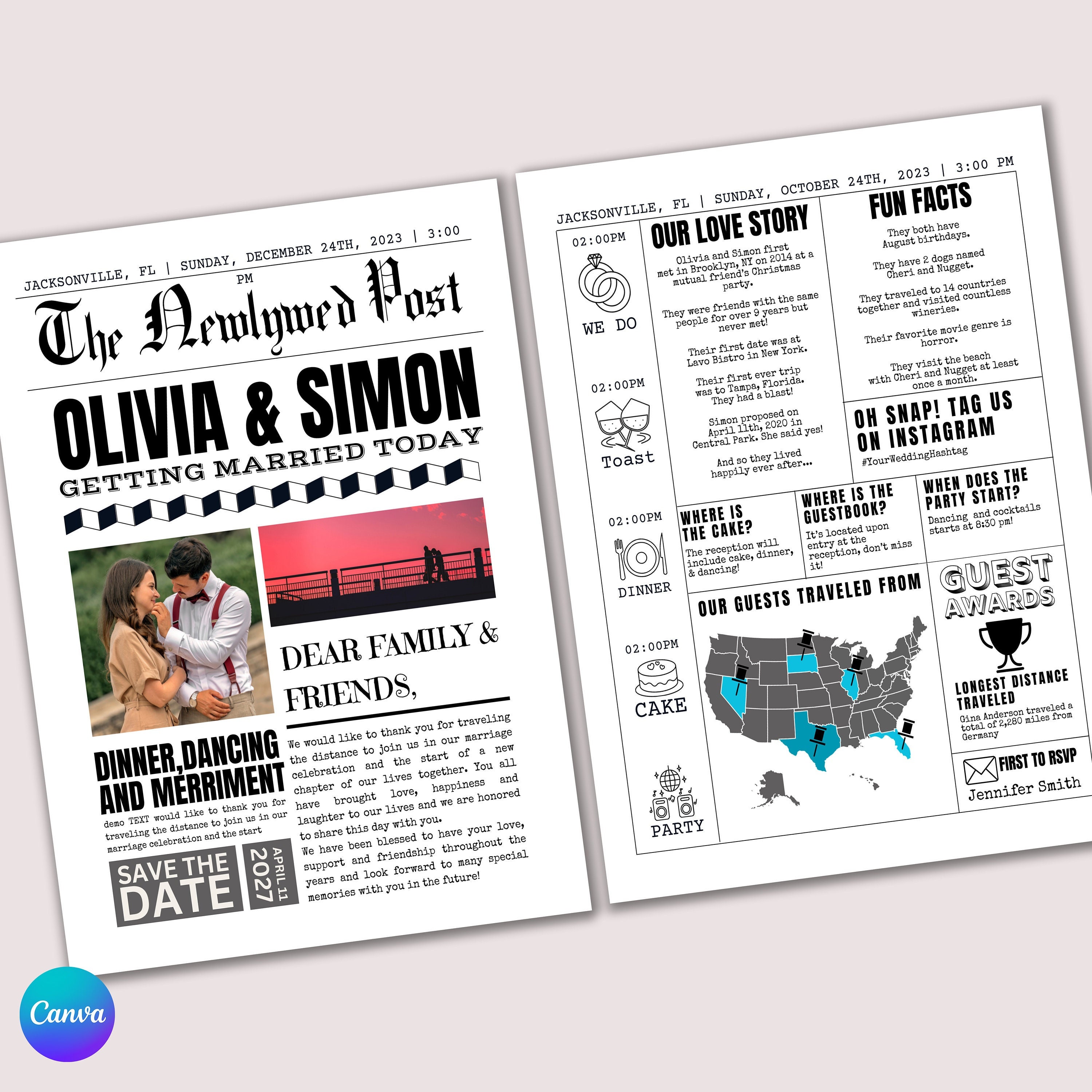 Wedding Newspaper Template, Wedding Program, Wedding Invitation, Wedding Post